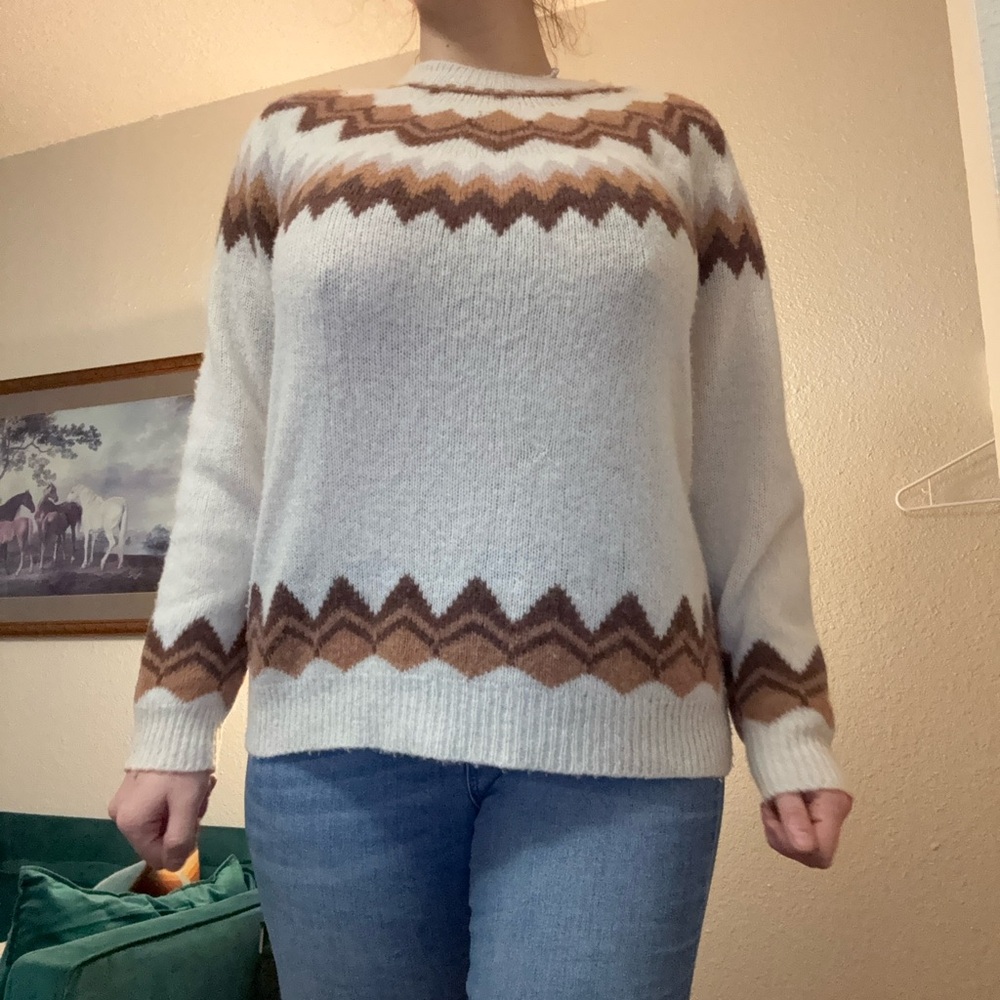 360 Cashmere Chevron geometric missoni Pattern Sweater - Cream Brown boho chic M